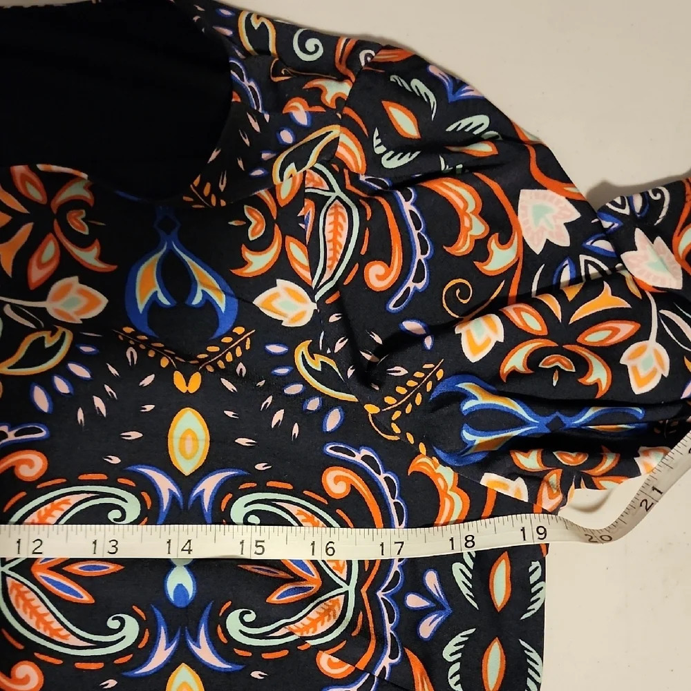 Vince Camuto Orange and Blue Sheath Dress with Bishop Sleeves - Picture 4 of 9